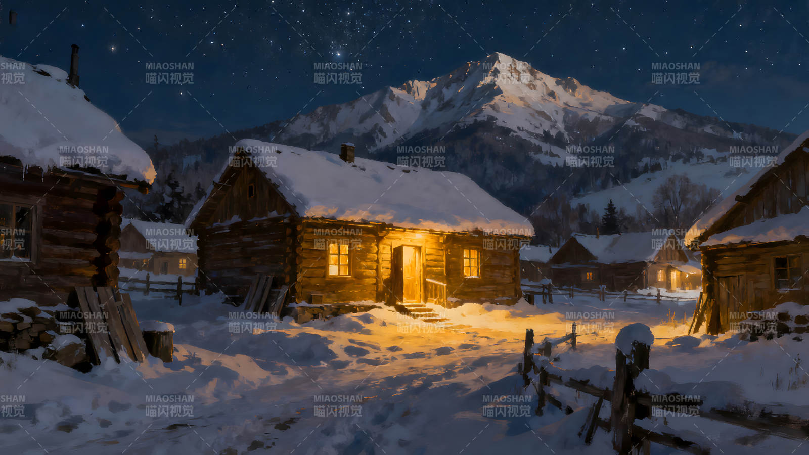 冬夜小屋雪山星空温暖静谧图片