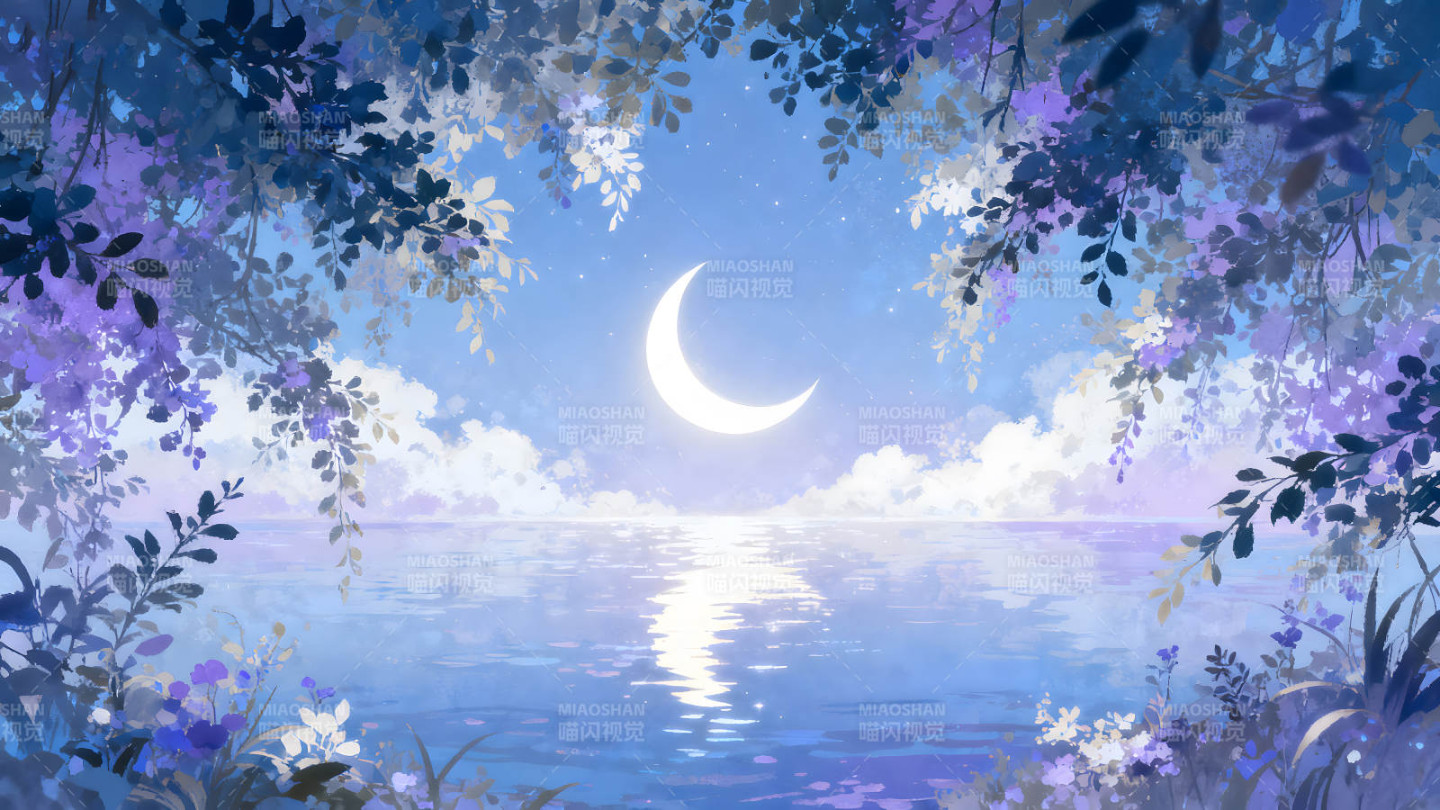 月亮倒映水中夜晚景色优美图片