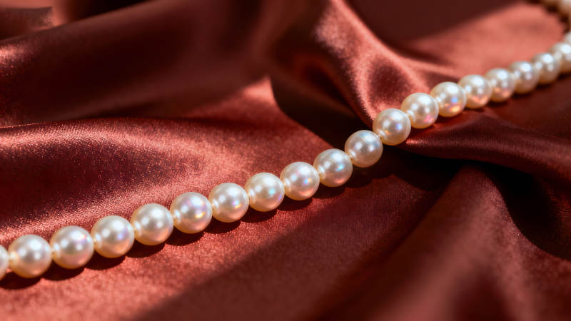 珍珠项链在红绸缎上闪耀图片