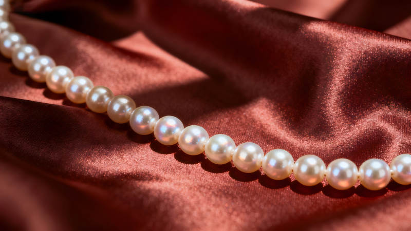 珍珠项链在丝绸上闪耀图片