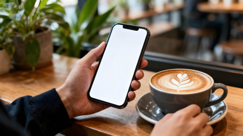 手持手机咖啡杯的场景图片