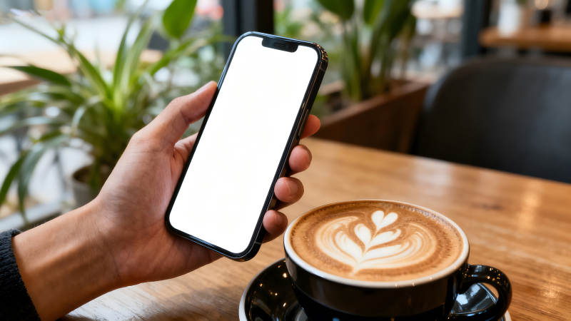 手持手机和咖啡享受惬意时光图片