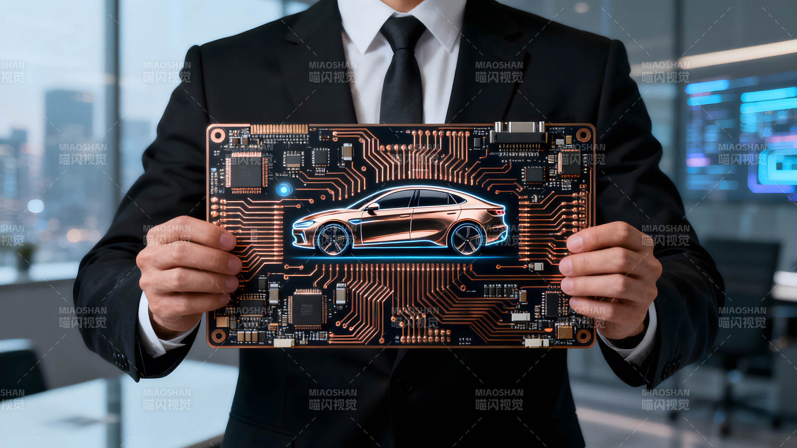 商务男士展示智能汽车电路板图片