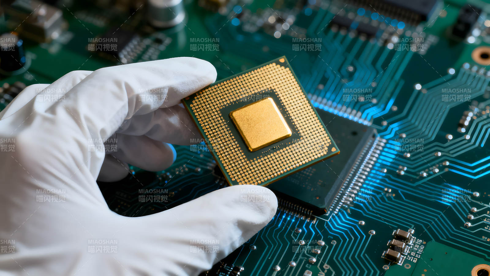 手持CPU置于电路板上图片