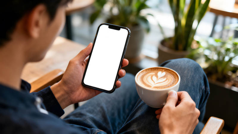 手持手机喝咖啡的休闲时光图片