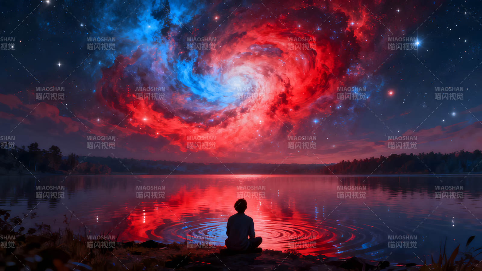 星空湖泊冥想者宇宙奇观倒映图片