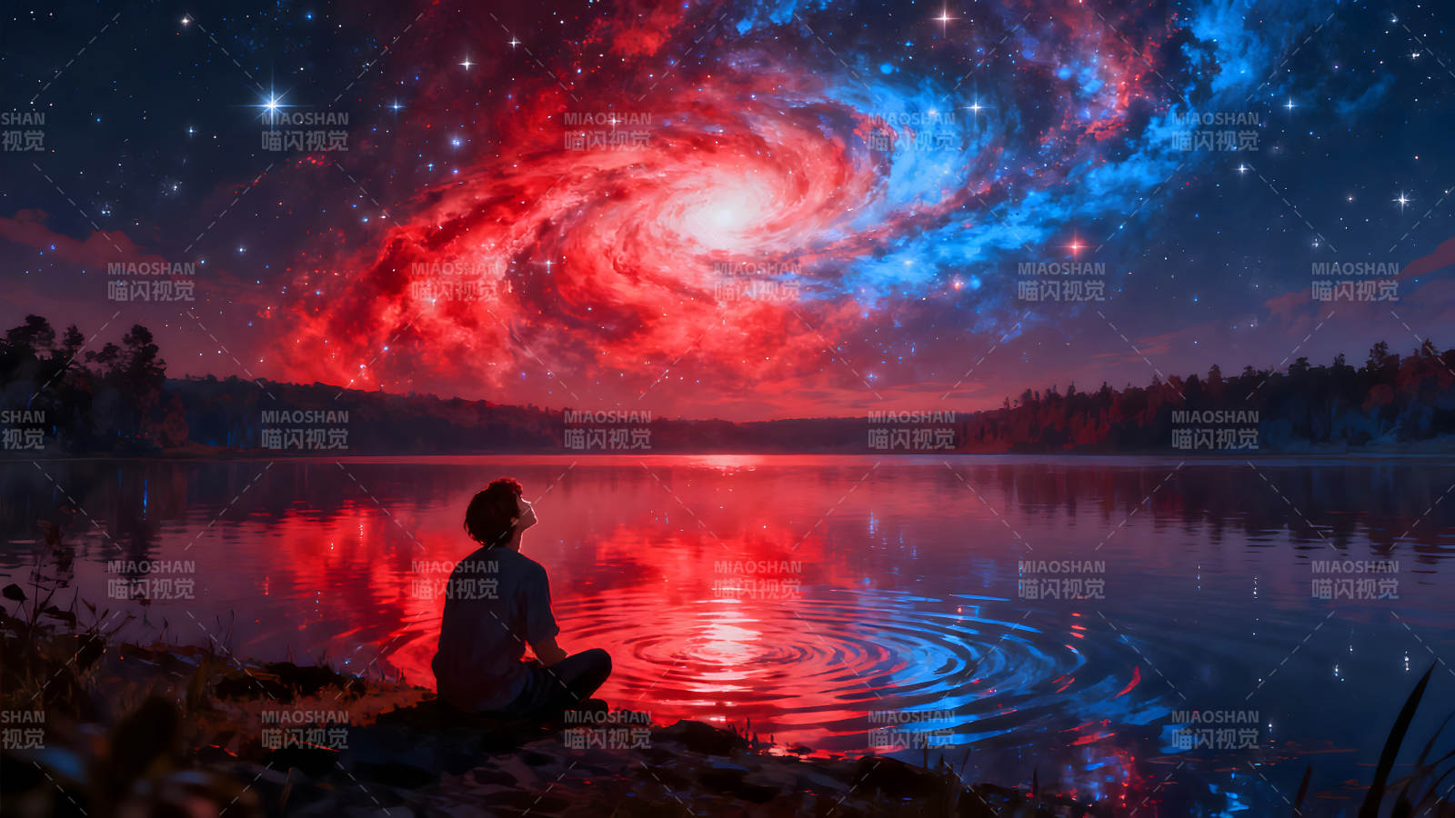 星空湖畔静谧沉思的景象图片