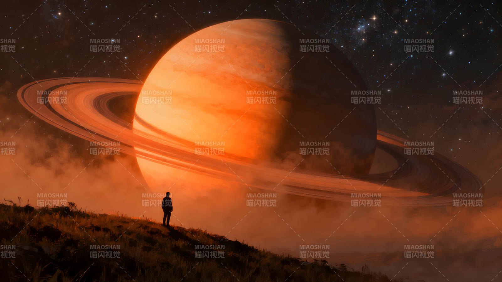 宇宙星空下的孤独旅者凝视土星图片