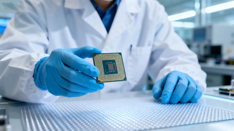 科学家手持CPU芯片特写图片