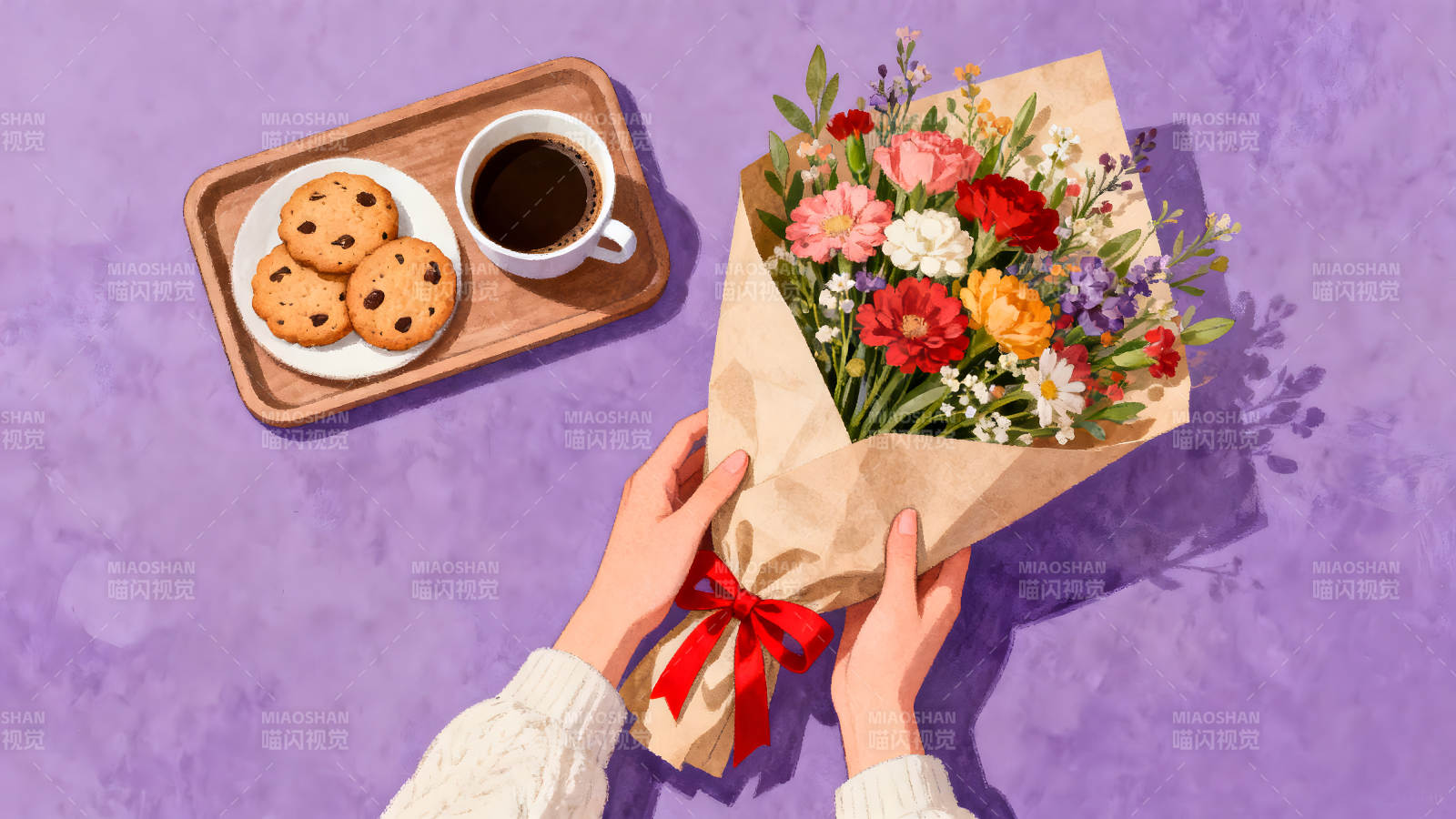 手捧鲜花与咖啡饼干的温馨画面图片