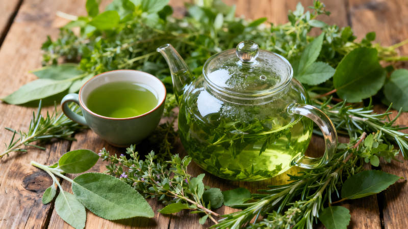 草药茶与茶具的特写图片