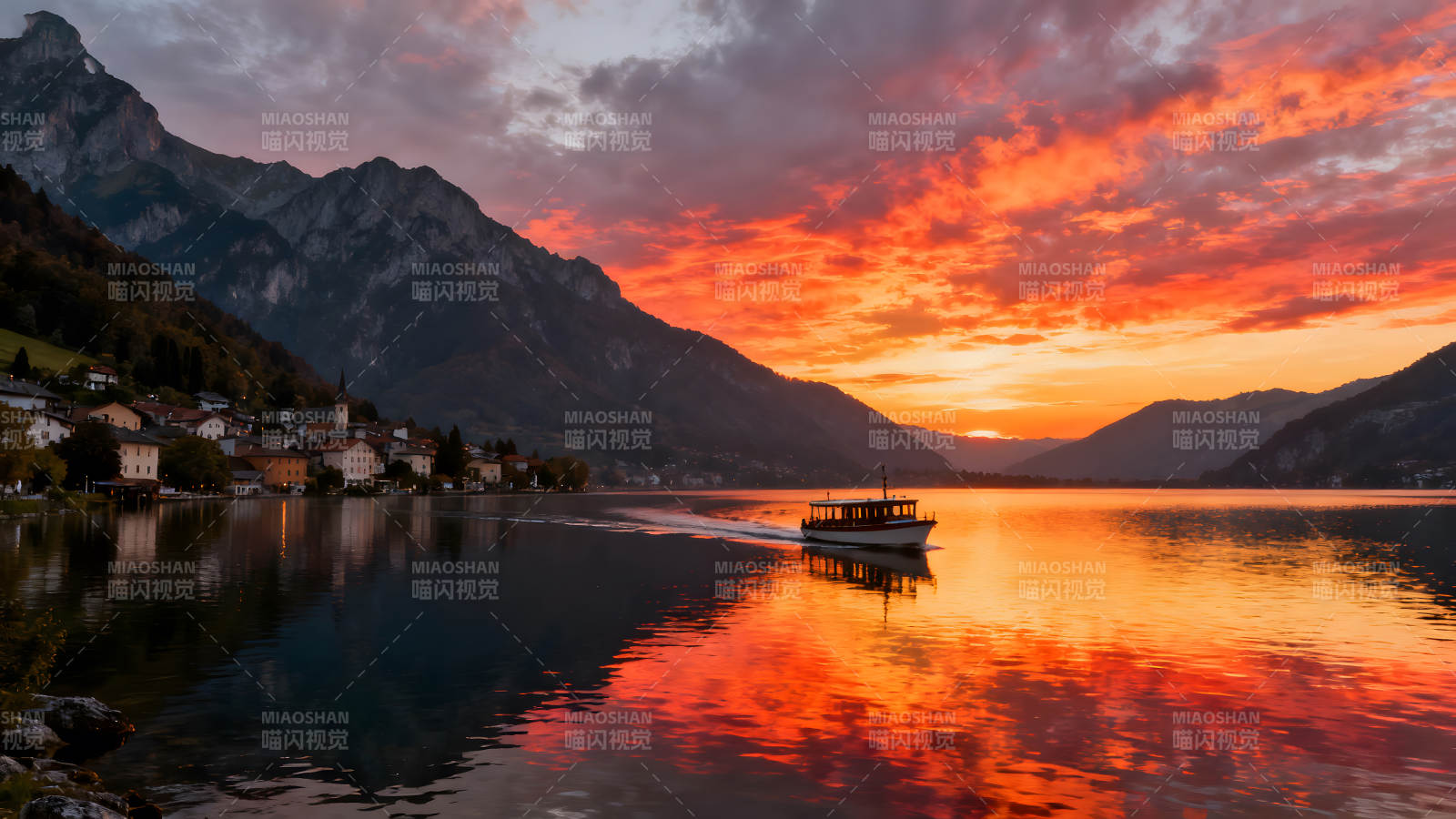 壮丽日落下的湖光山色与船只图片