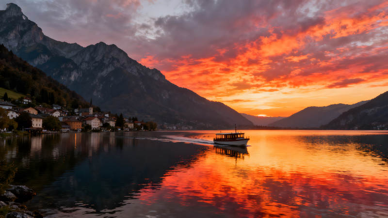 壮丽日落下的湖光山色与船只图片