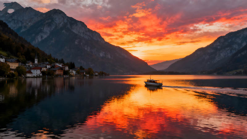 湖泊日落美景小船穿行景色迷人图片