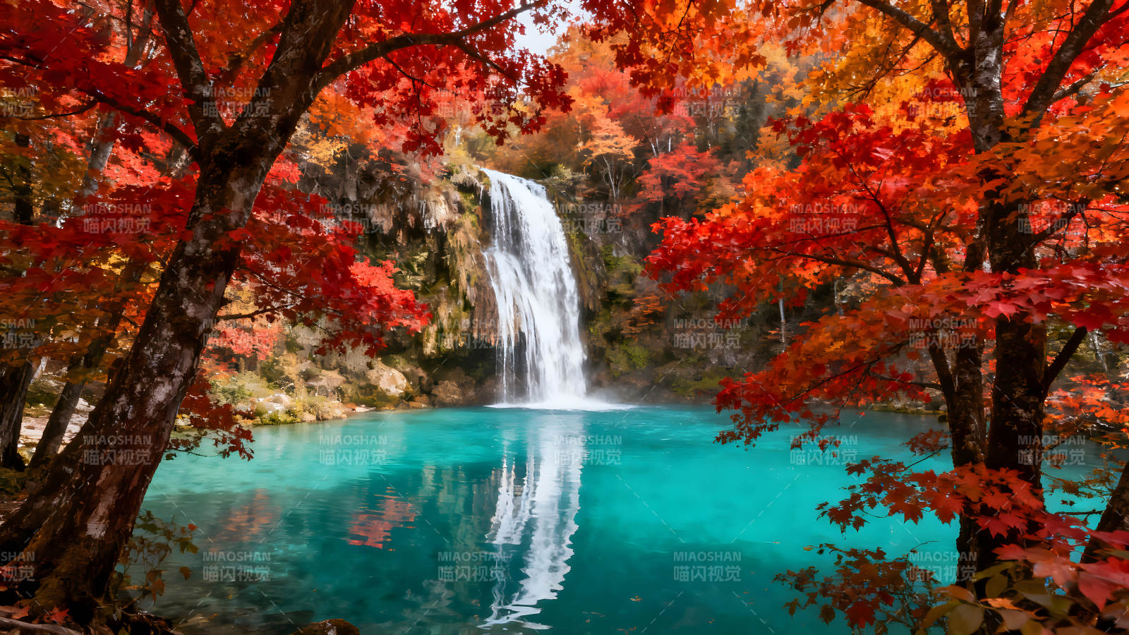 瀑布秋色红叶湖泊美景图片