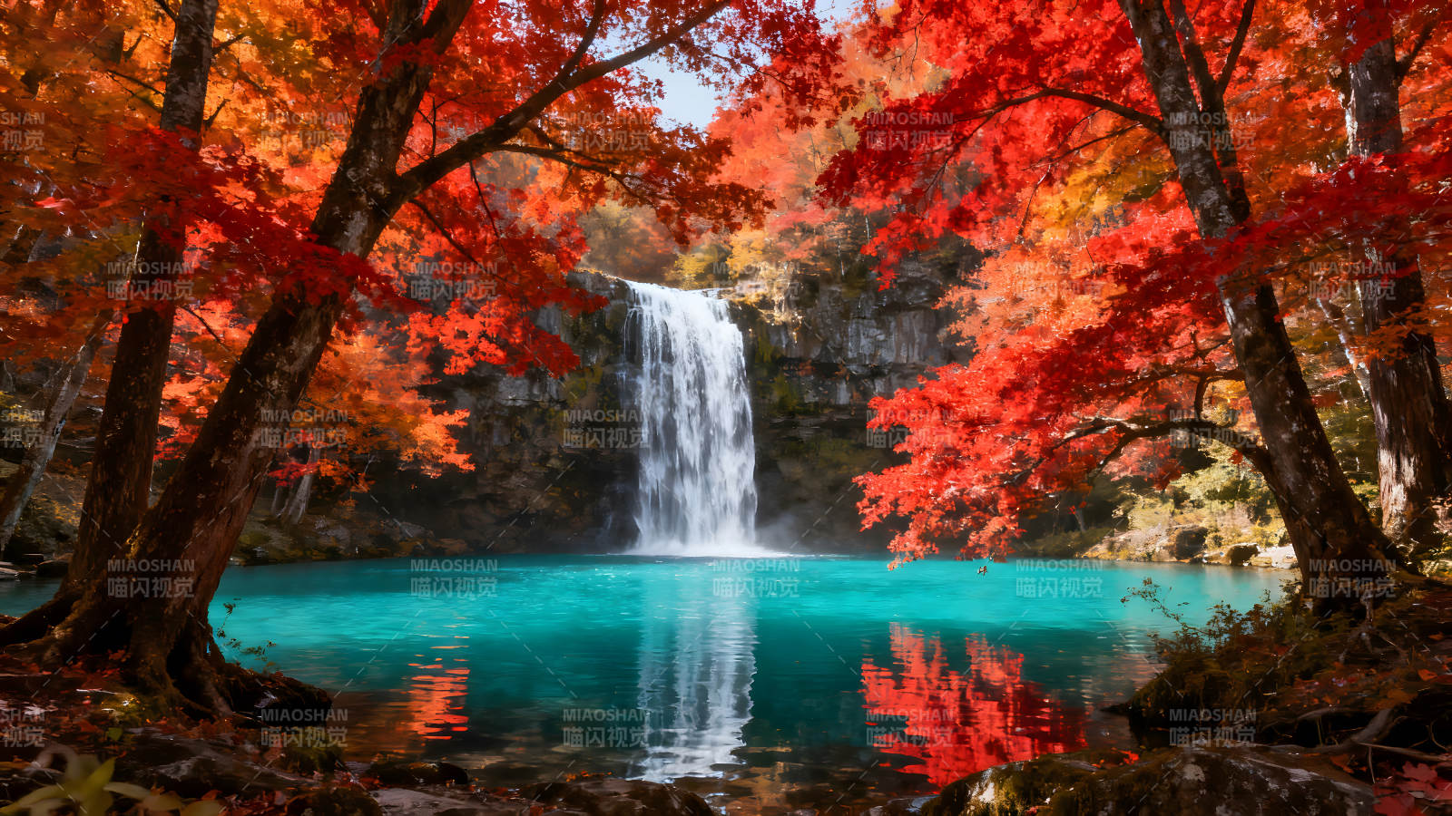 秋日瀑布美景红叶掩映水色湛蓝图片