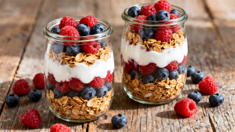 美味燕麦酸奶浆果杯特写图片