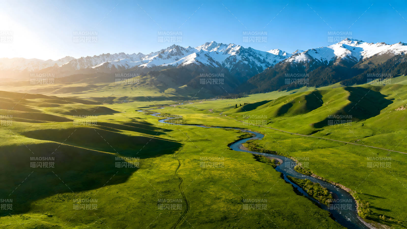 绿草如茵雪山耸立河流蜿蜒图片