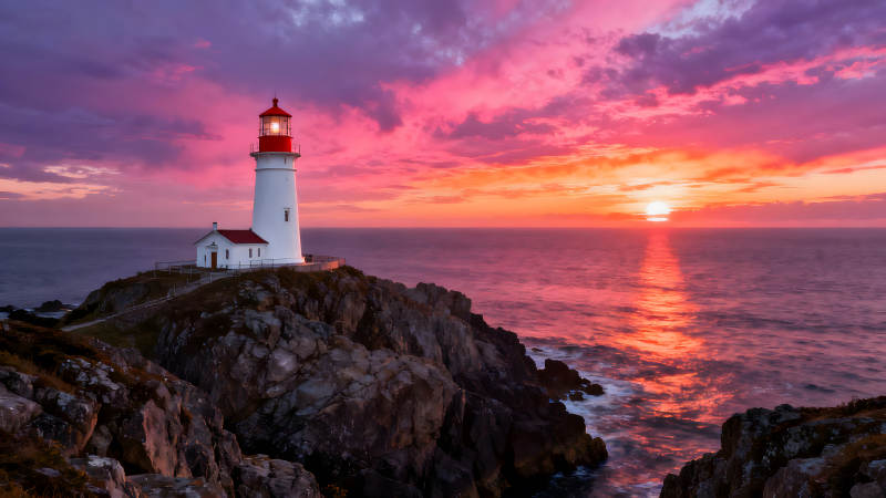 海边灯塔迎接日出景象图片