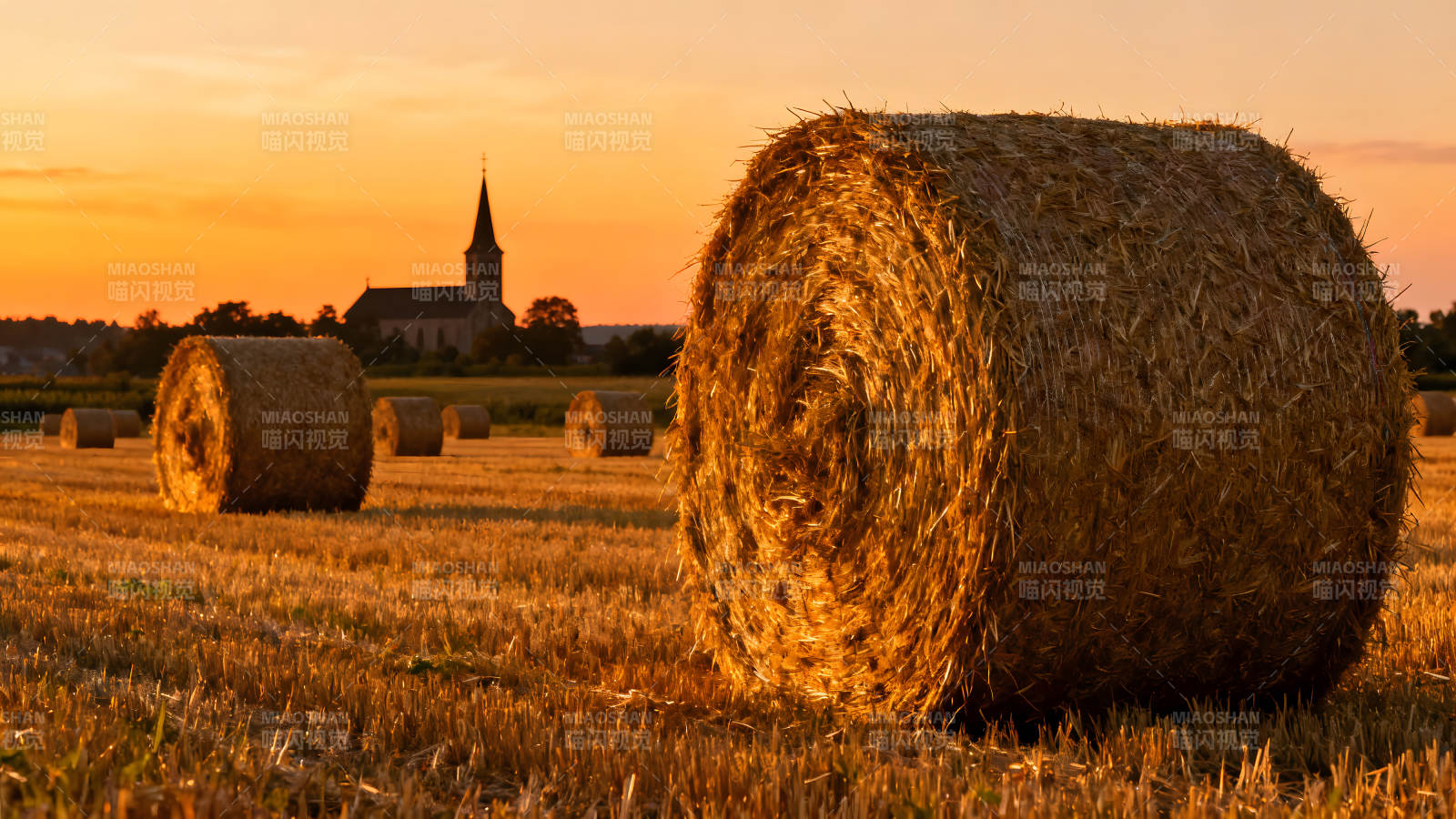 金色田野的夕阳和干草卷图片