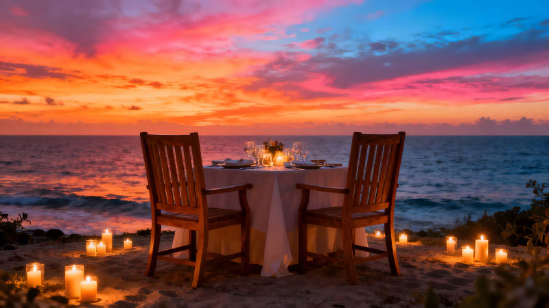 海边浪漫晚餐落日美景图片