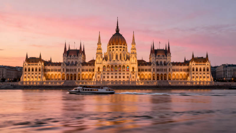 布达佩斯国会大厦夜景河面船只行驶图片