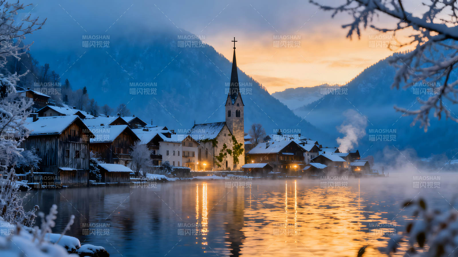 冬季湖畔小镇风光雪山掩映下的教堂图片