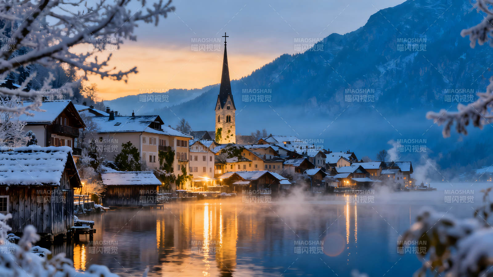 雪山小镇湖泊宁静冬日风光图片