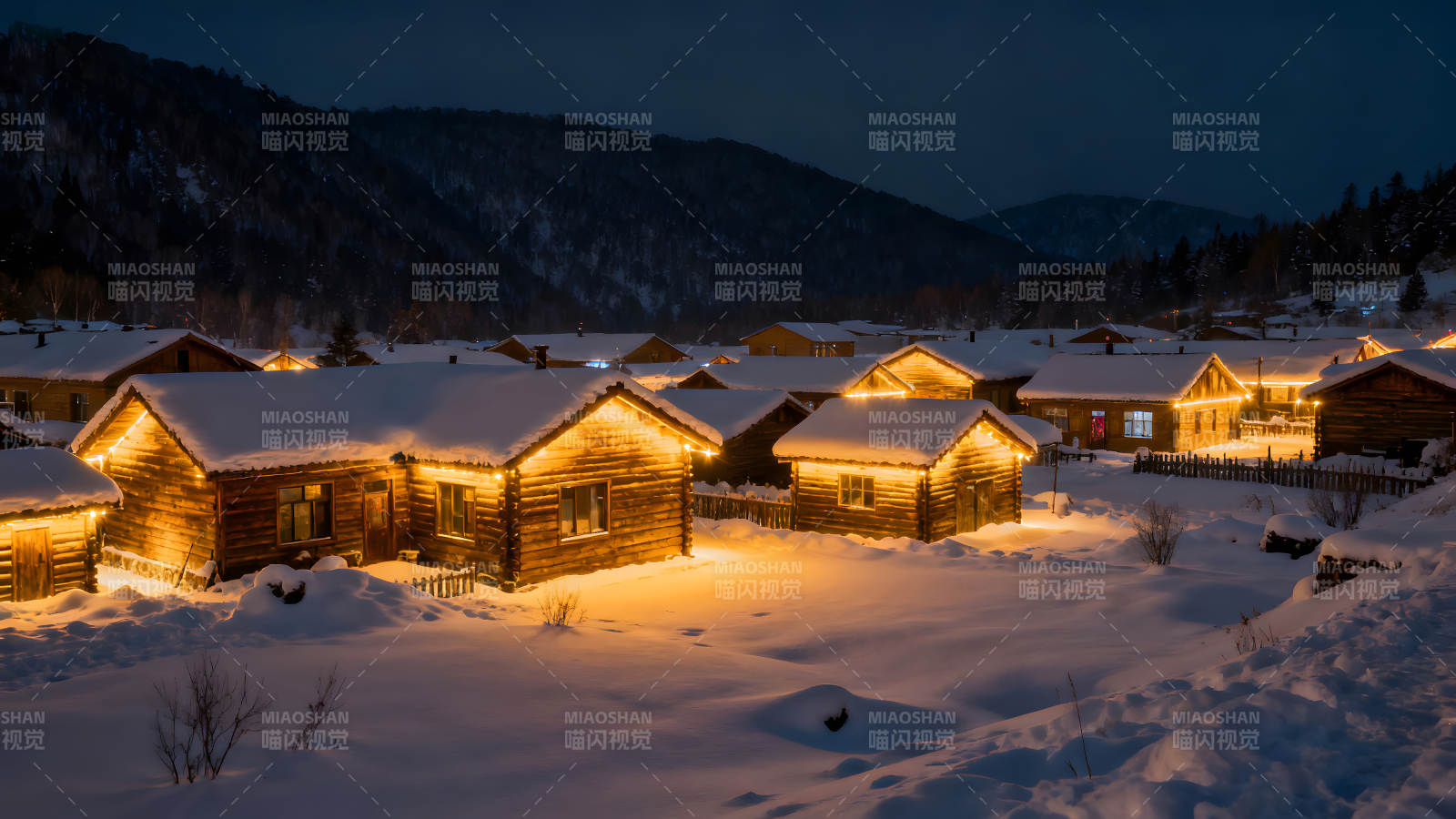 冬夜雪地木屋村落灯光璀璨图片