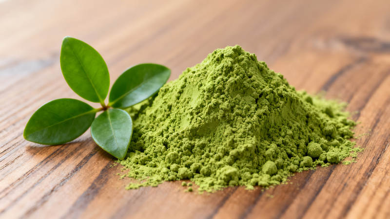 抹茶粉与绿叶特写图片