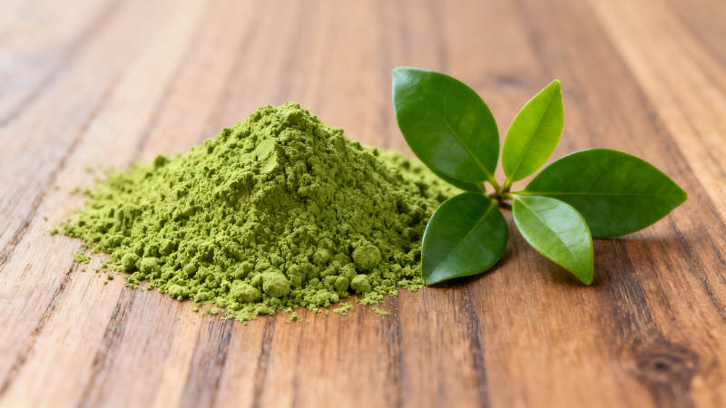 抹茶粉与绿叶的特写镜头图片