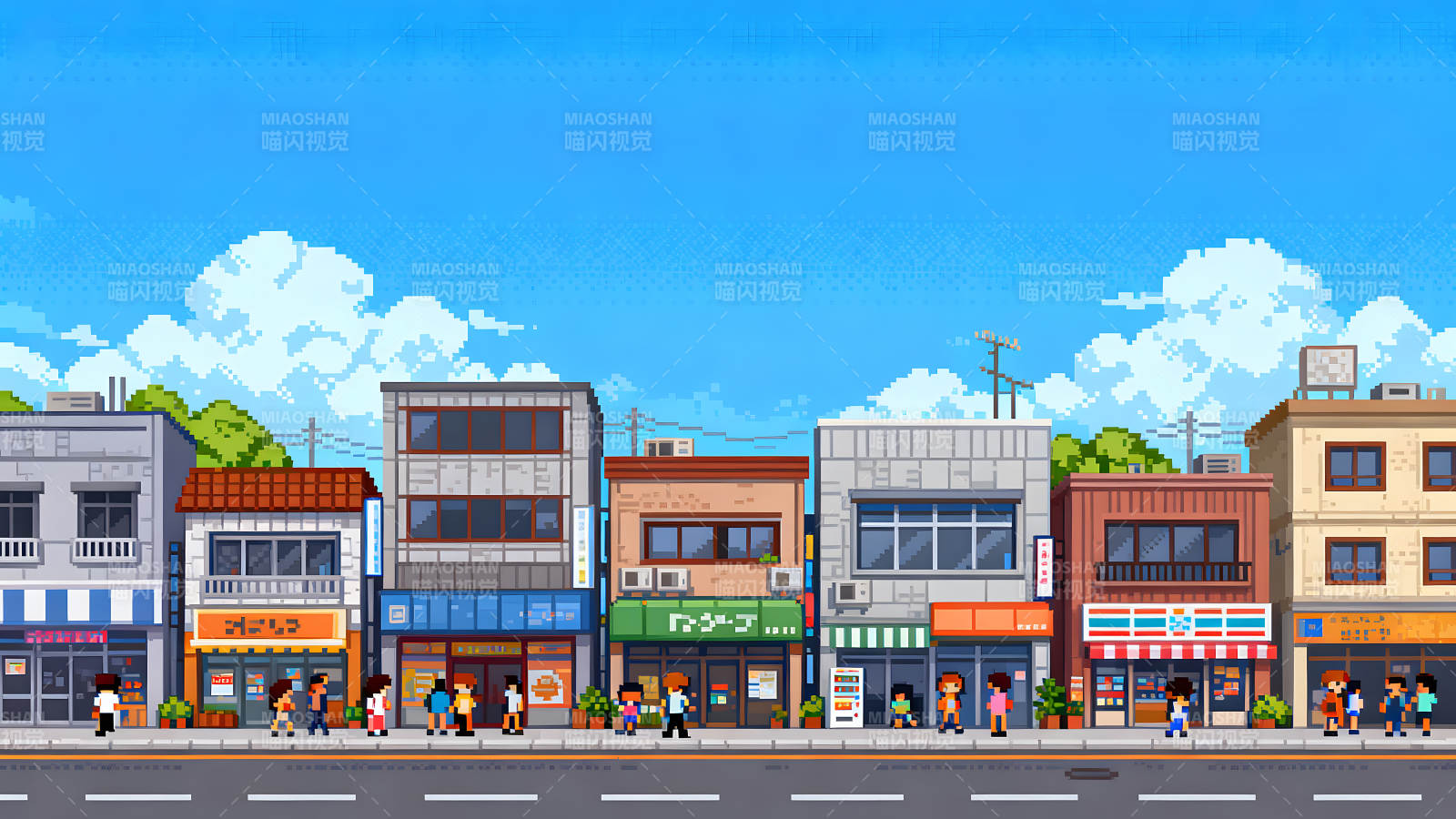 像素风格街道风景蓝天白云行人建筑图片