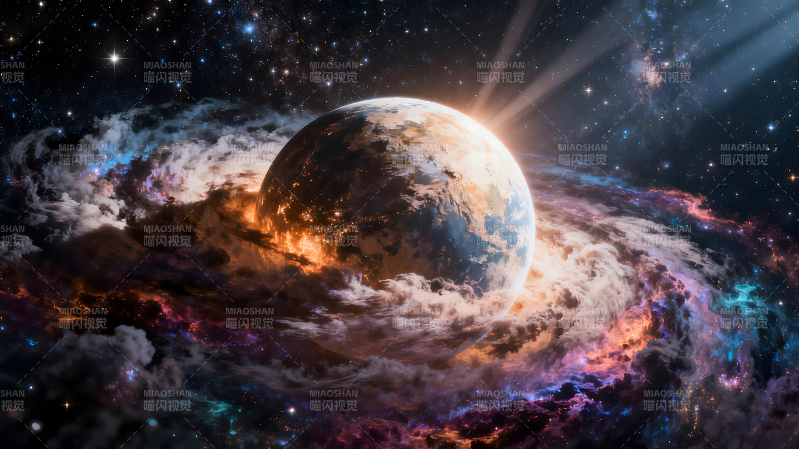 宇宙星球在星云中发光壮丽景象图片