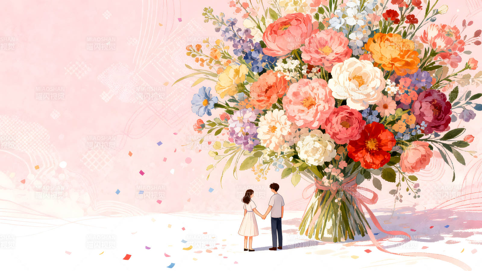 花束下的浪漫情侣手牵手图片