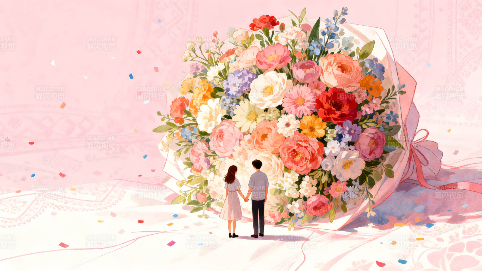 手牵手欣赏花束图片