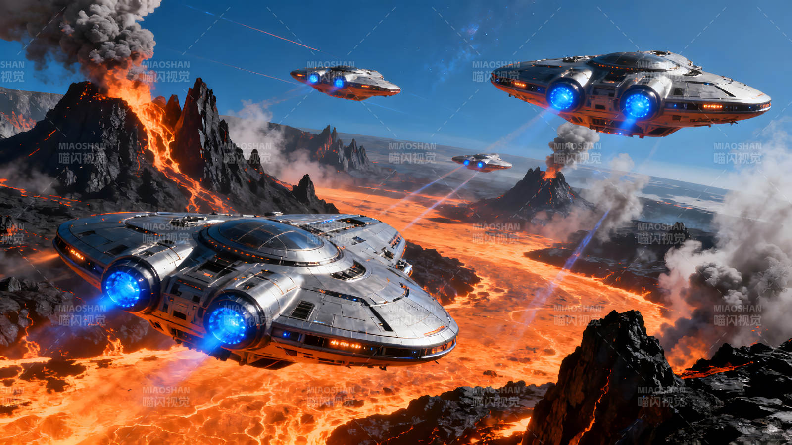 星际飞船飞越火山熔岩地貌图片