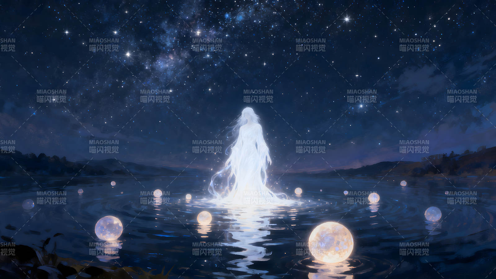 夜空下的水面仙女与光球图片