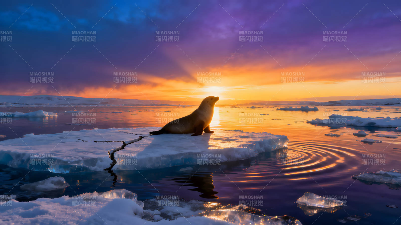 海豹沐浴在冰洋日落的金色光辉下图片