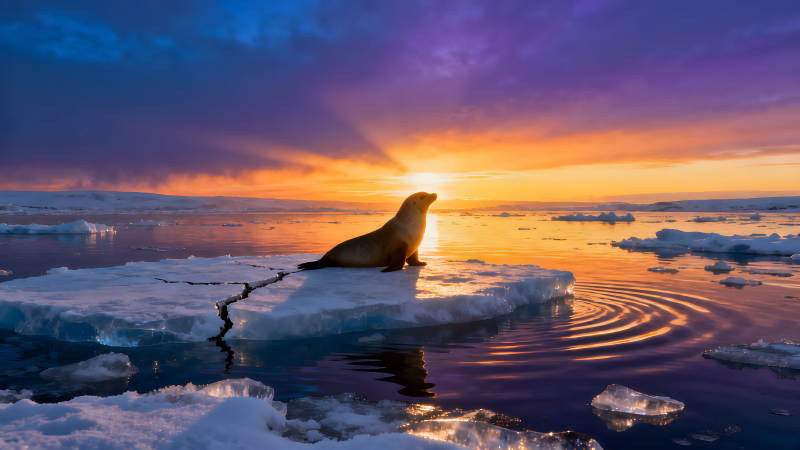 海豹沐浴在冰洋日落的金色光辉下图片