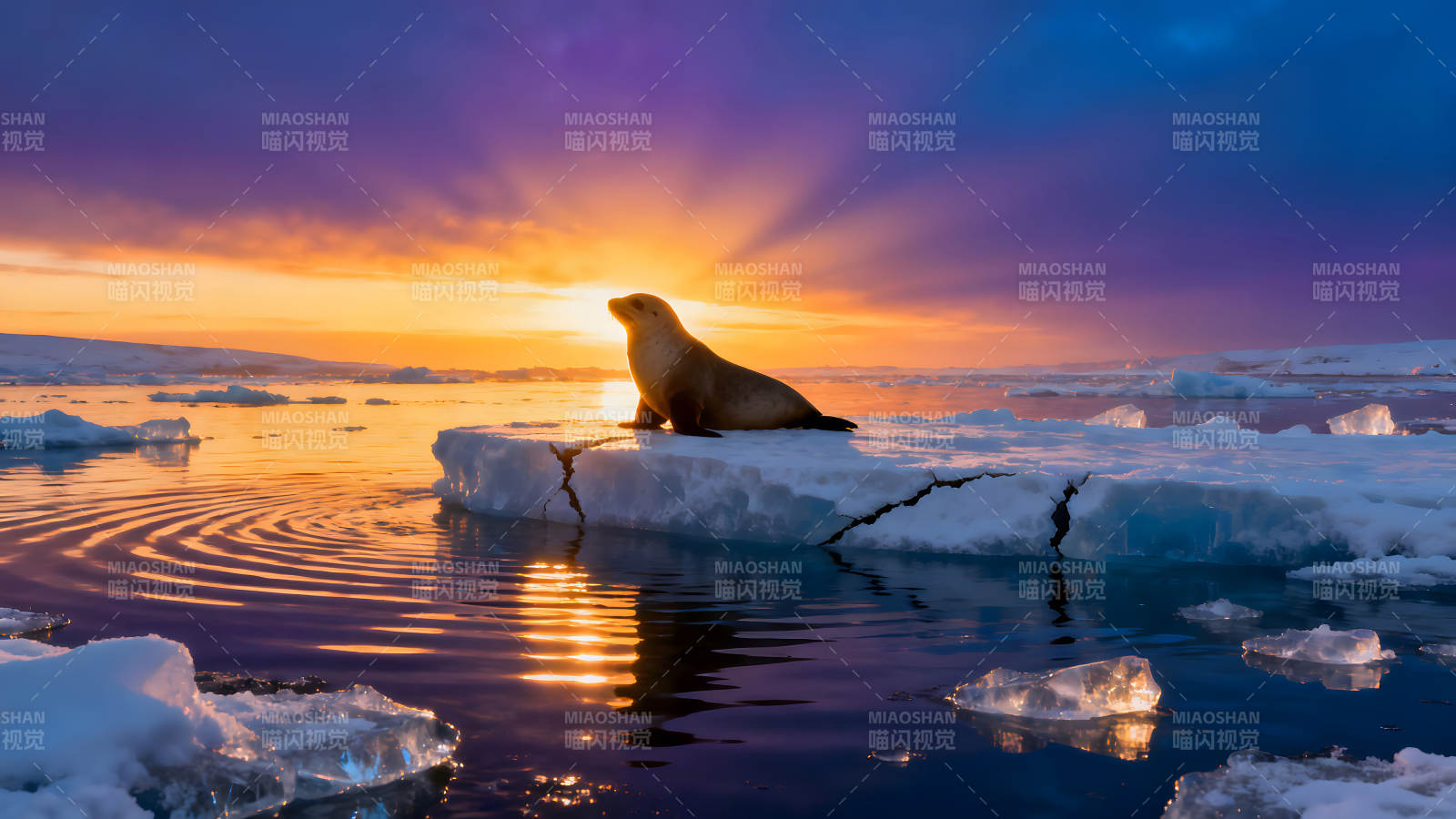 海狮沐浴落日余晖冰海景观图片
