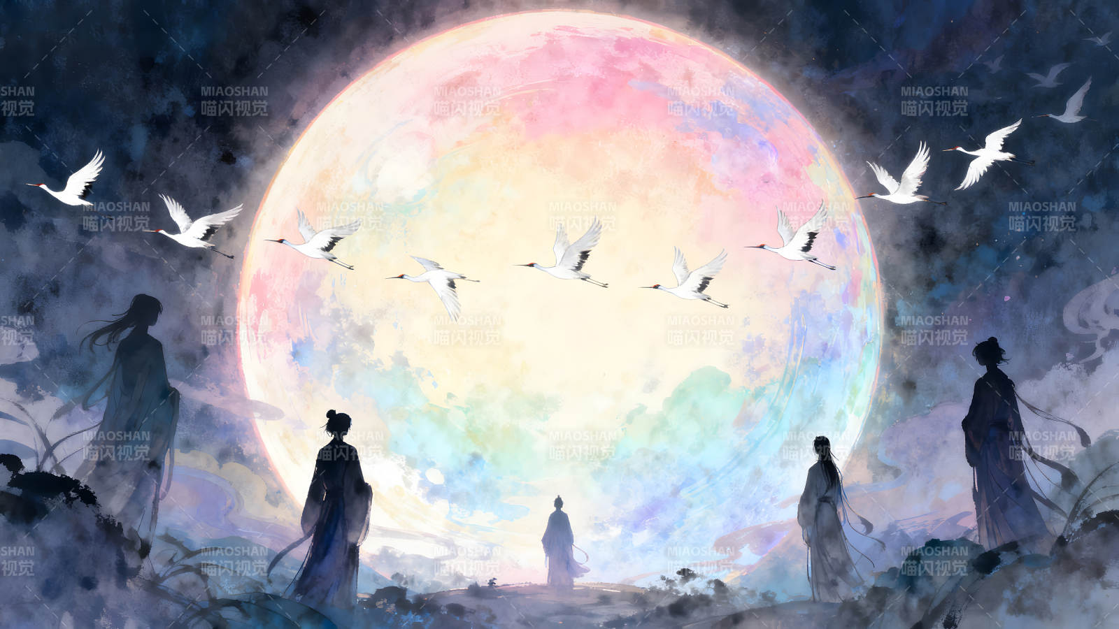 月夜飞鹤仙人聚静谧唯美似画卷图片