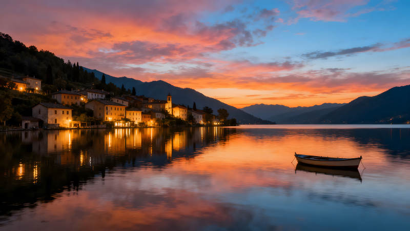 落日余晖下的湖畔小镇图片