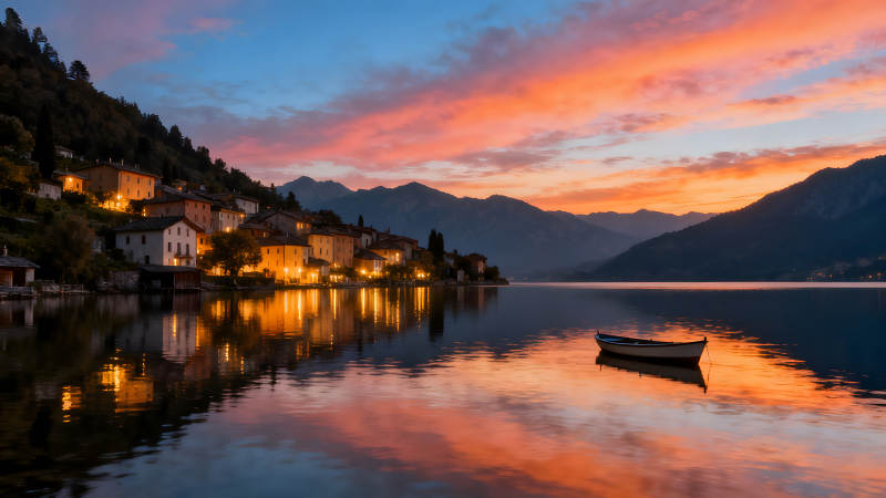 傍晚小镇湖泊景色静谧迷人图片