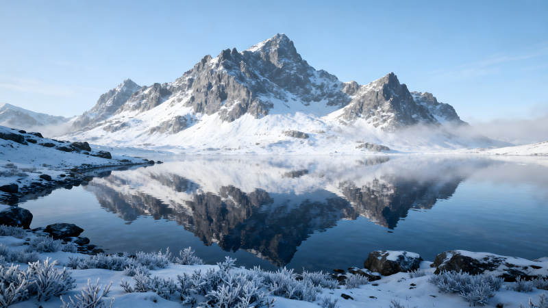 雪山湖泊倒影宁静冬日景象图片