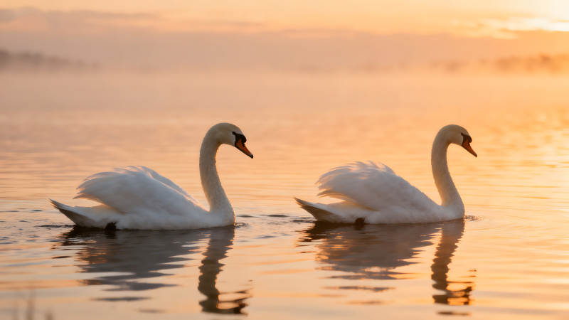 湖上两只白天鹅在夕阳下图片