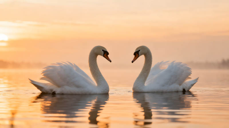 两只天鹅在水中相遇阳光照耀图片