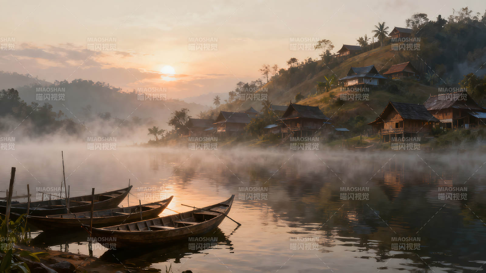 日出雾霭笼罩村落小舟停靠水面图片