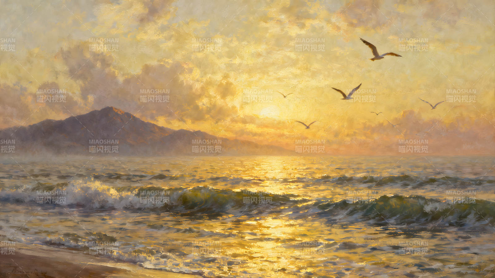 金光海面海鸟翱翔落日余晖图片