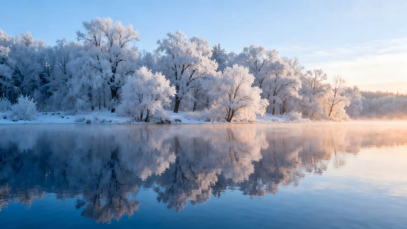 冬日雾凇倒影美景图片