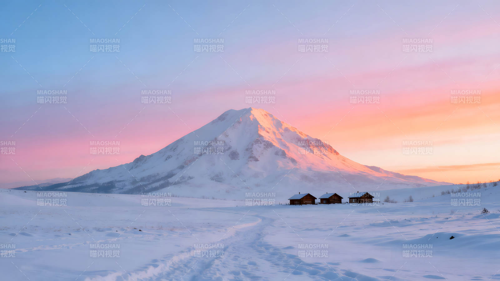 雪山下的宁静小屋冰雪世界的美丽景色图片